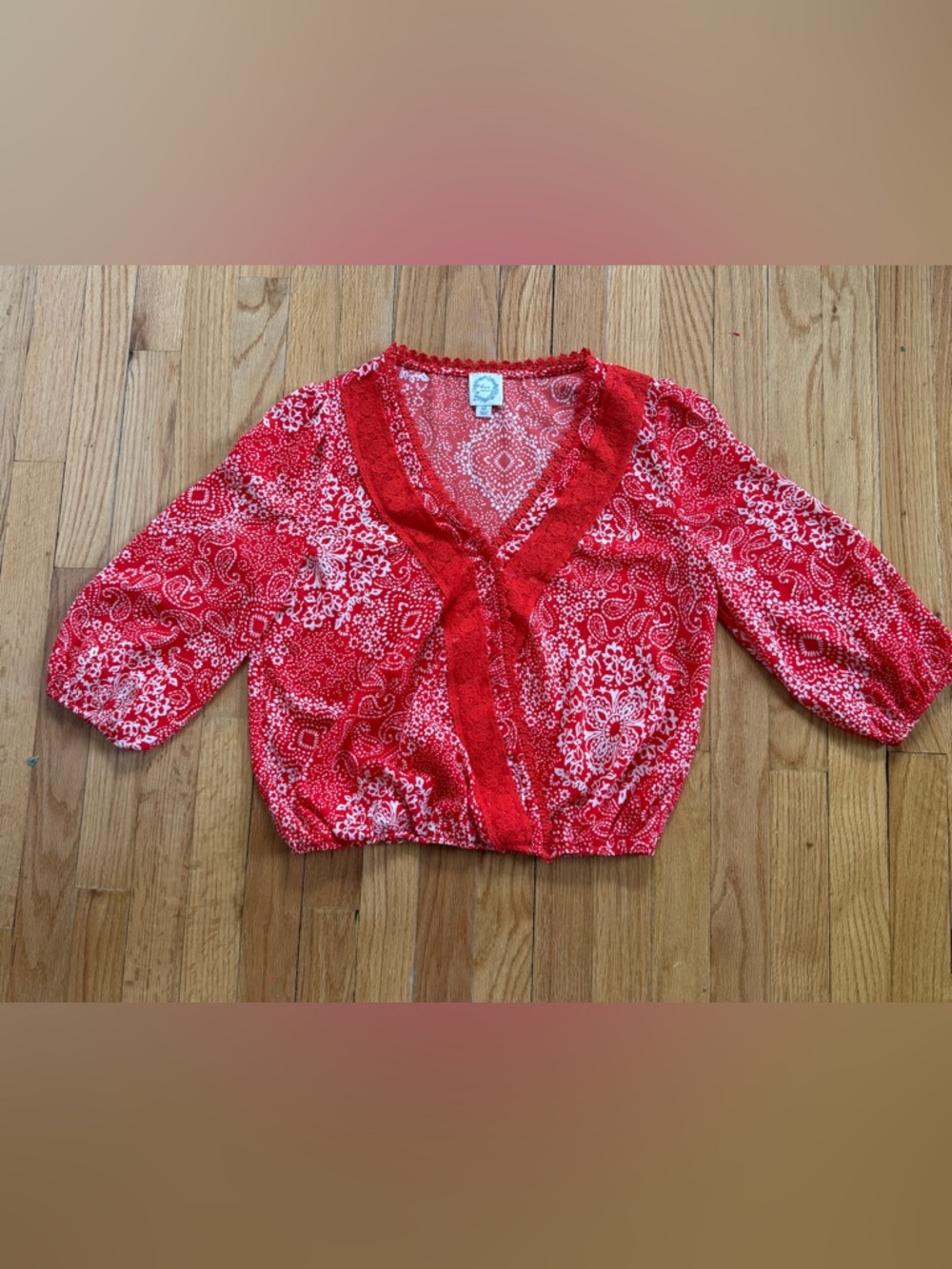 Blue Rain Red Paisley Lace-Trim V-Neck Blouse